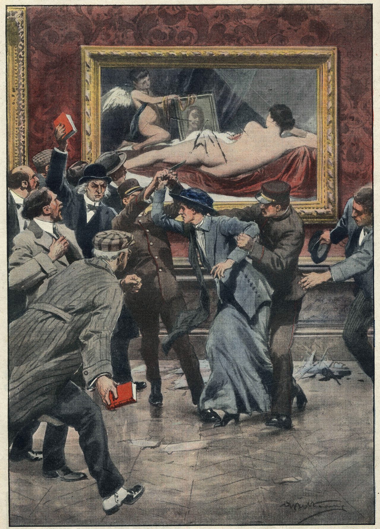 Illustration of suffragette Mary Richardson slashing the “Rokeby Venus” at the National Gallery.