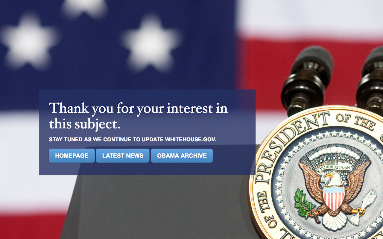 Error page on Whitehouse.gov after the Trump administration took over.