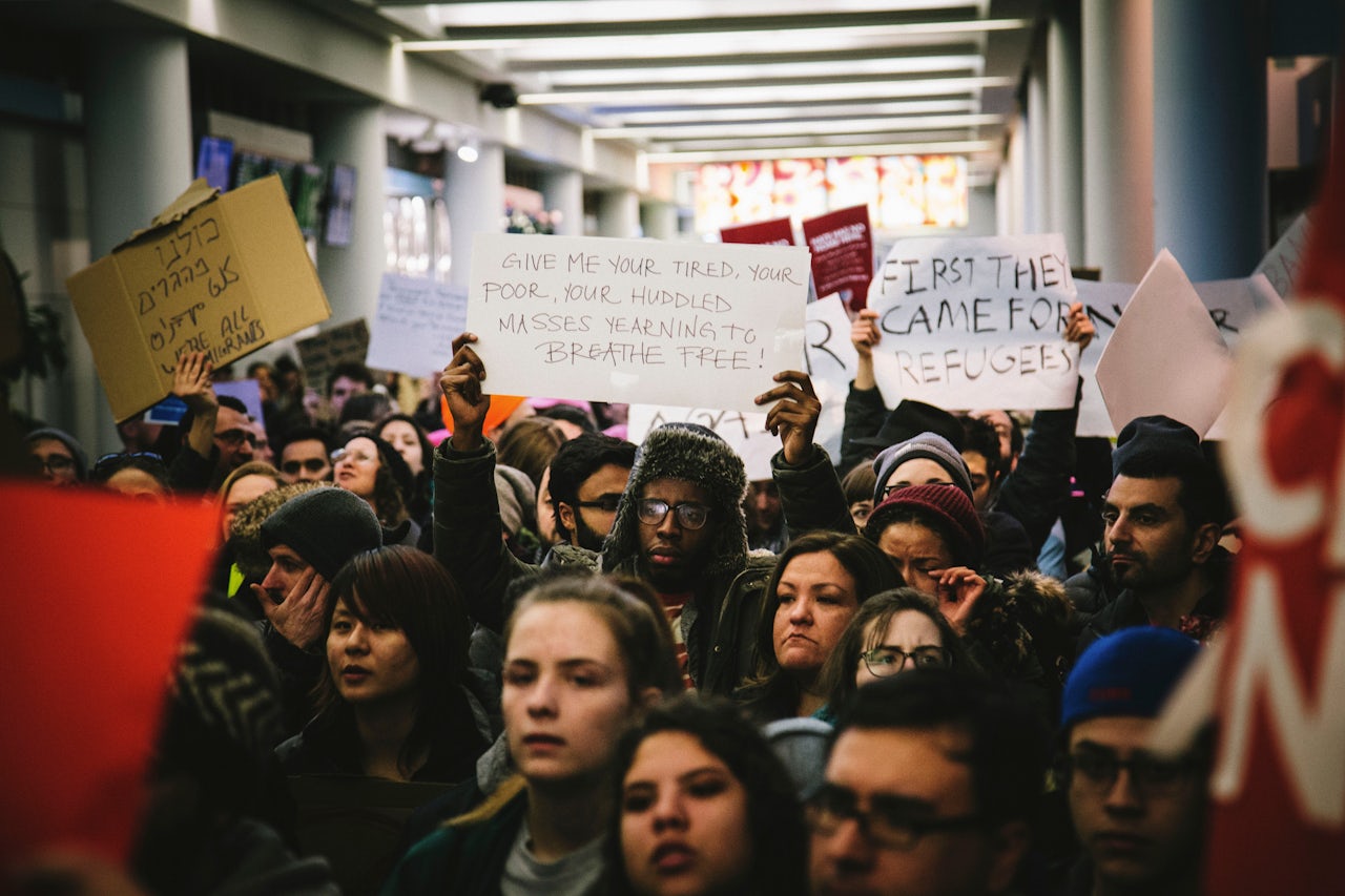 Protesters at O'Hare Airport in Chicago.