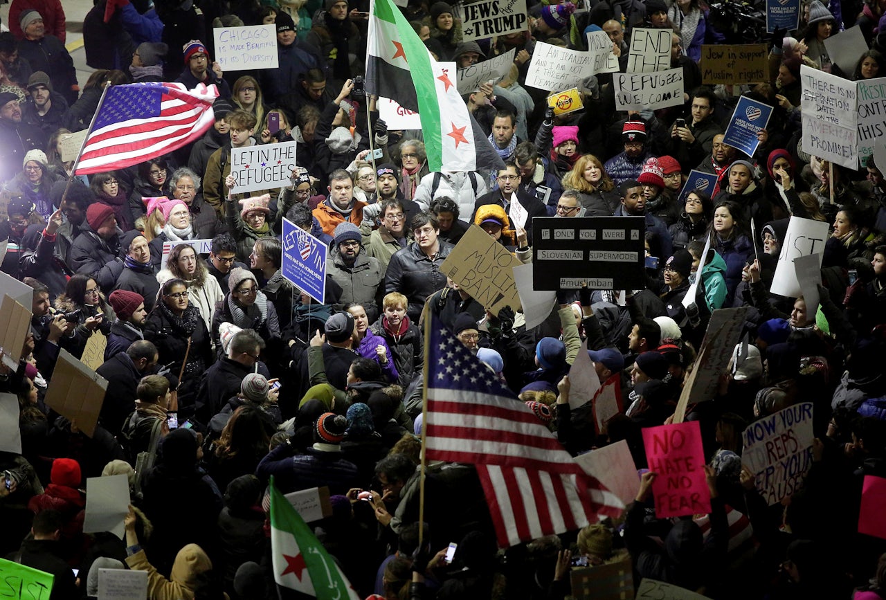 Protesters in at Chicago's O'Hare Airport.