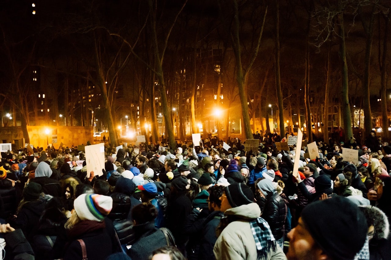 Protesters at Cadman Plaza in Brooklyn, NY.