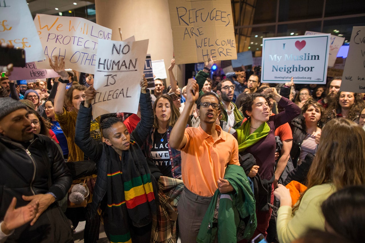 Protesters at Logan International Airport.