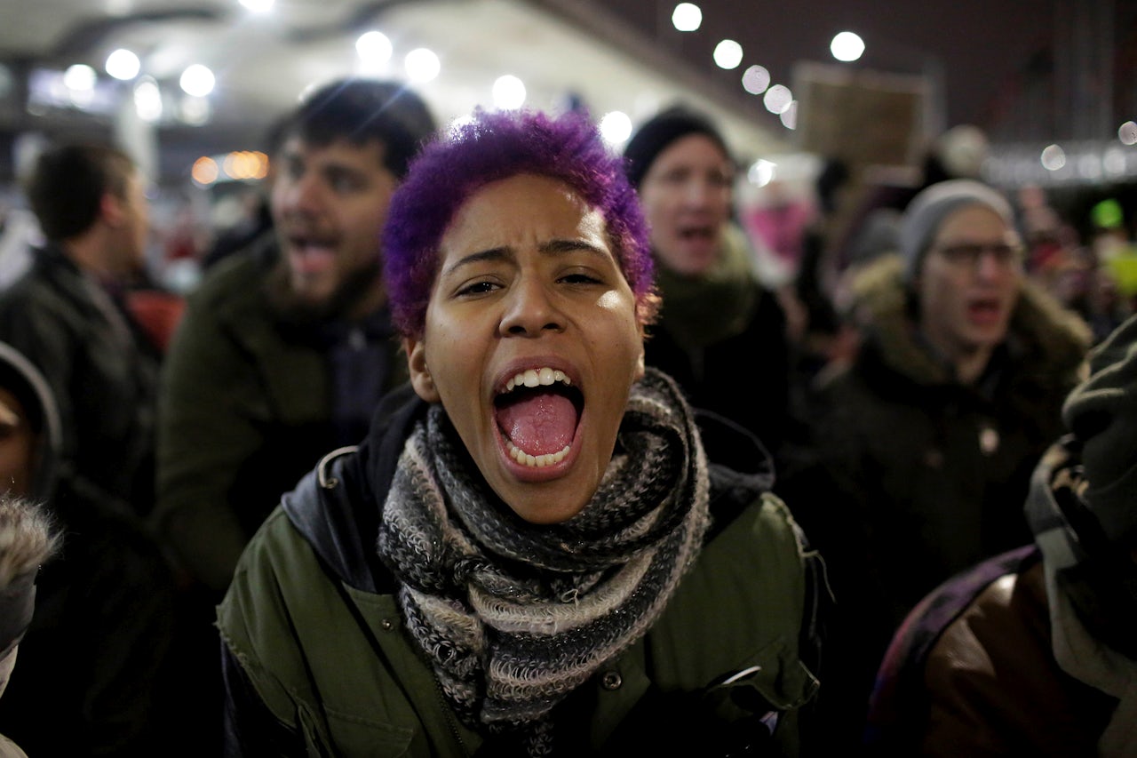 A protester at Chicago's O'Hare Airport.