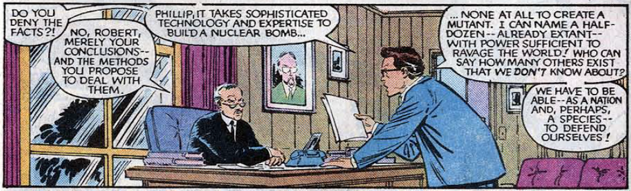 Senator Kelly proposing the Mutant Affair Control Act in a 1984 issue of 