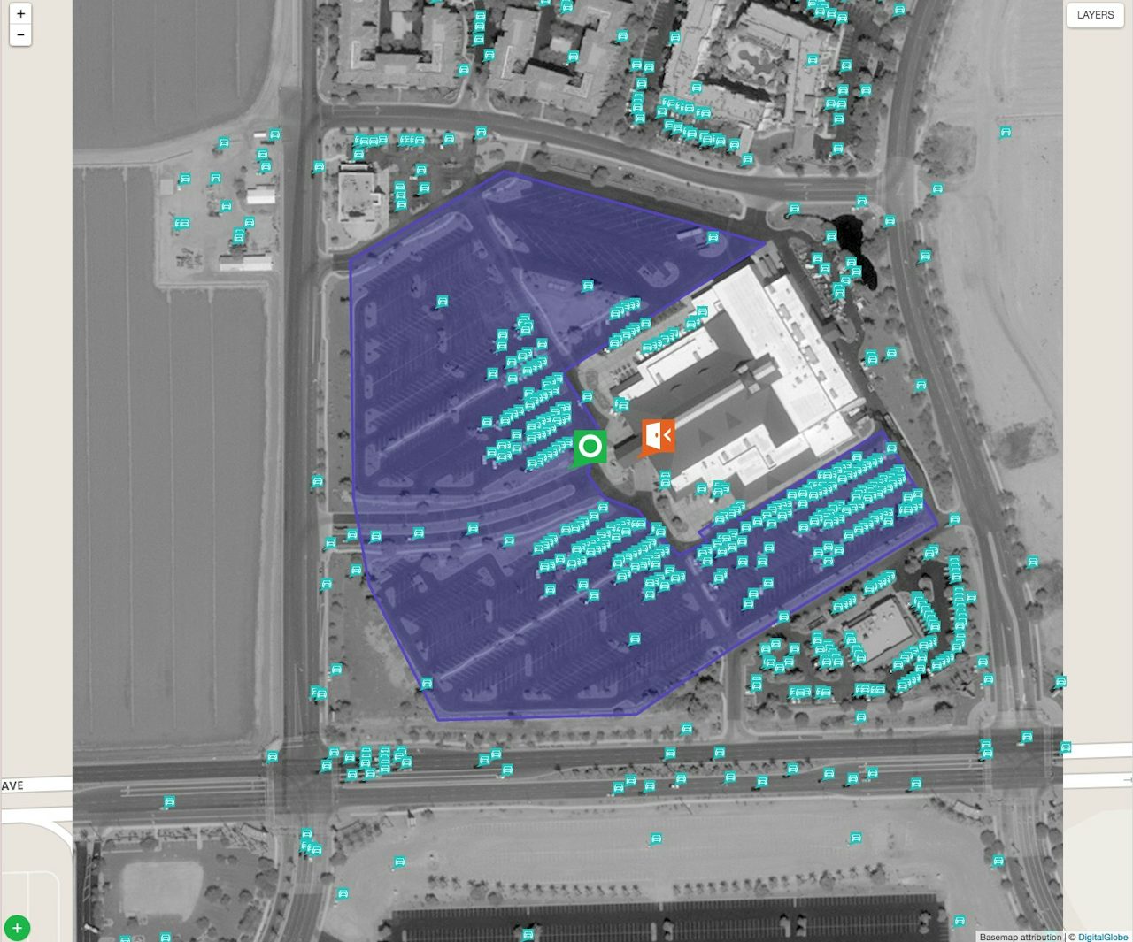 An image of a Cabela's parking lot taken by Digital Globe and analyzed by Orbital Insight.