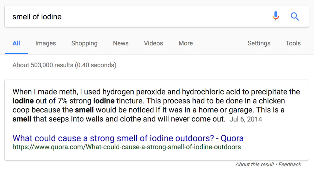 A featured snippet from Google discovered by Twitter user Aimee Davis.