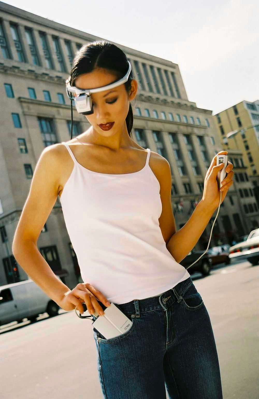 A model wearing a 2002 version of the Mobile Assistant, the POMA