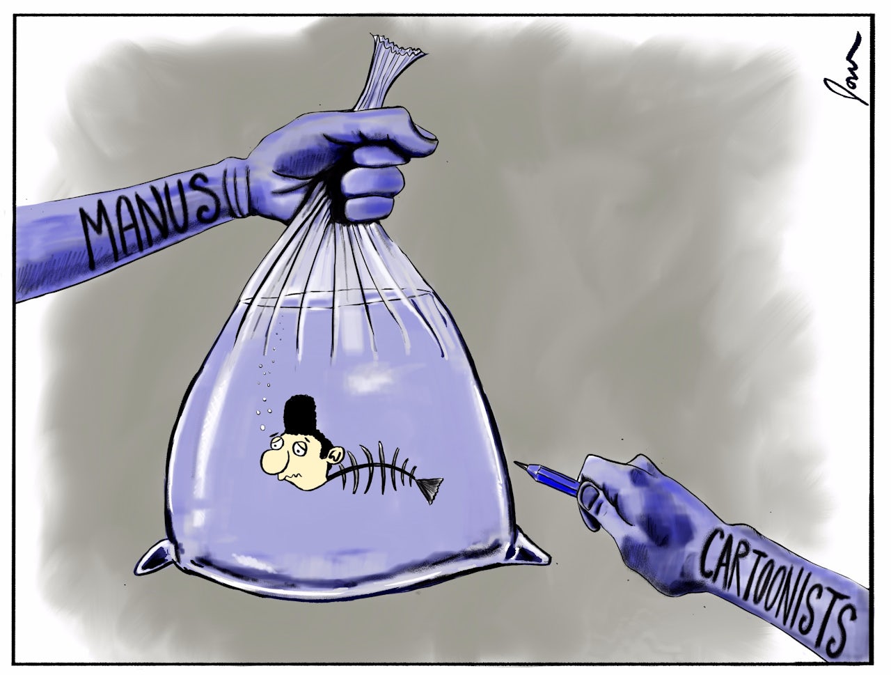 One of the editorial cartoons drawn in support of the refugee Eaten Fish.