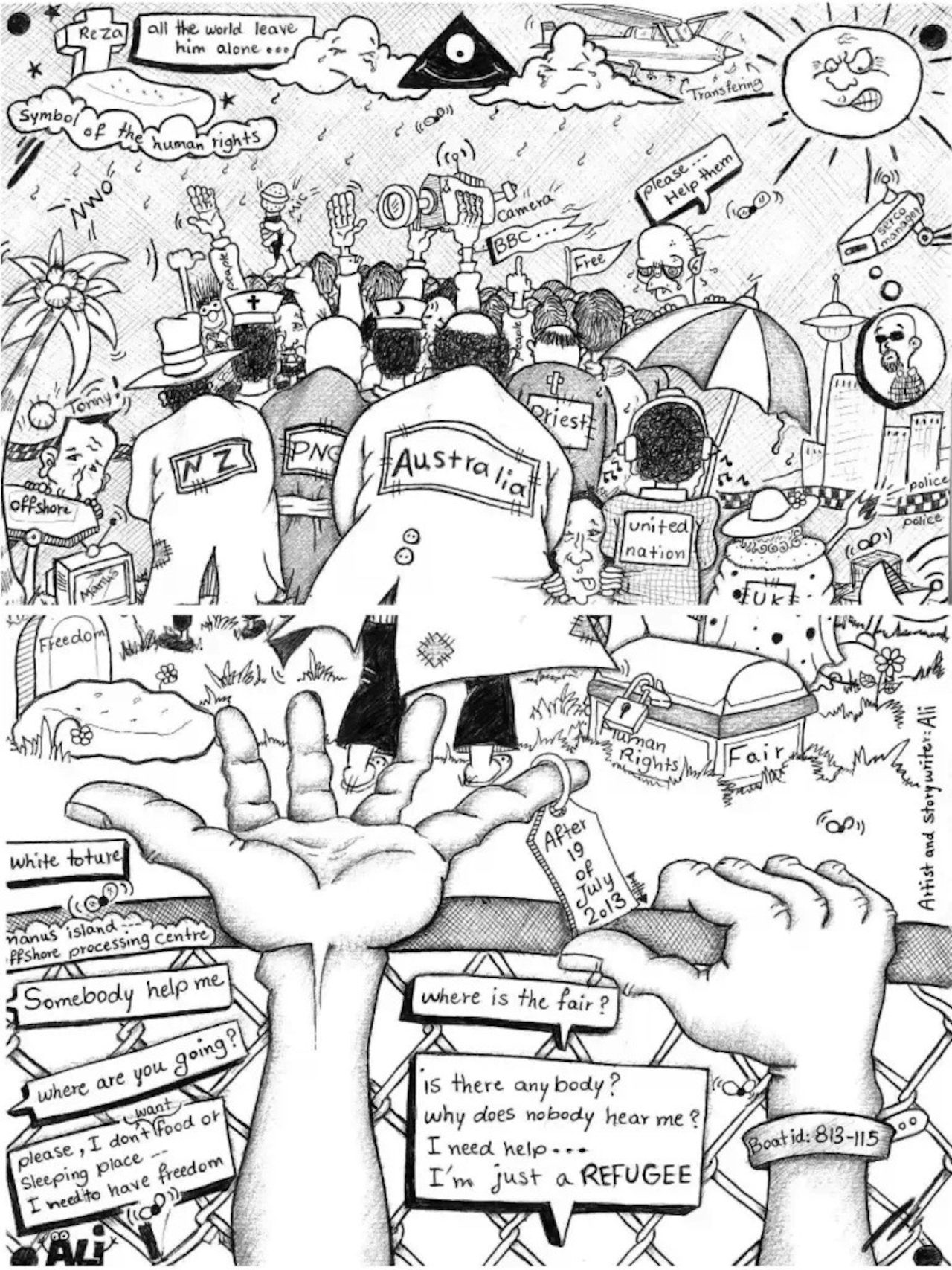 One of Eaten Fish's cartoons about being sent to a detention center after seeking asylum in Australia.