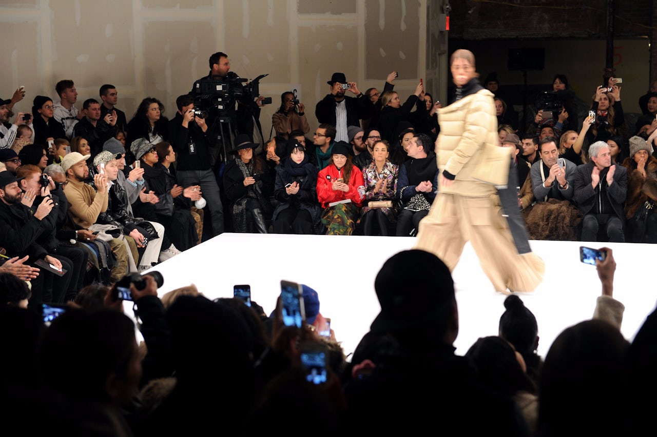 A model walking in Hood By Air's Fall 2015 show at New York Fashion Week.