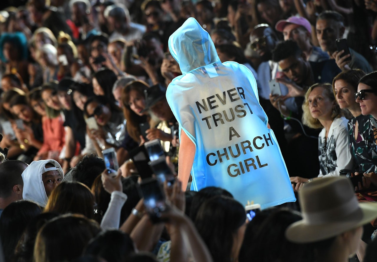 A model walking in Hood By Air's Spring 2016 show at New York Fashion Week.