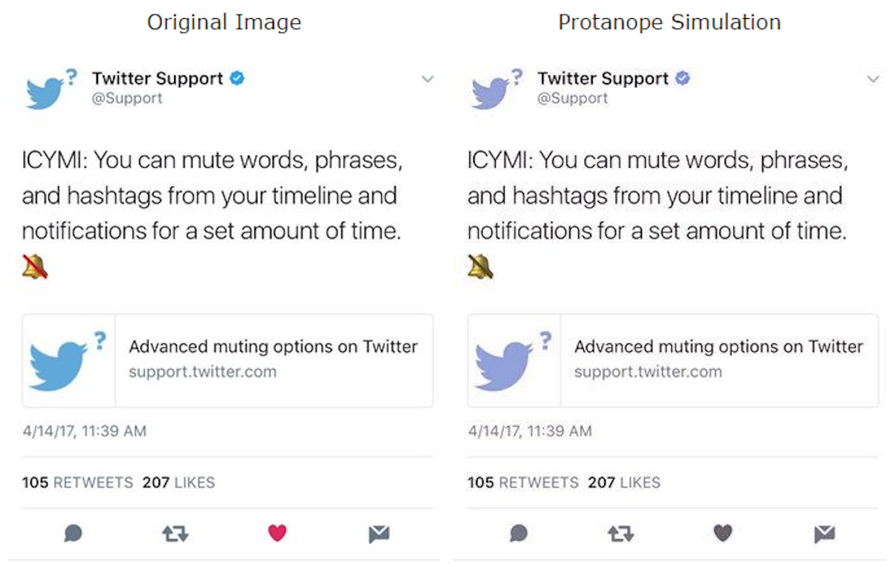 What a like looks like on the tweet itself to people with red color blindness.