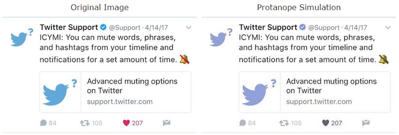 What a like on a Twitter timeline looks like to someone with red color blindness.