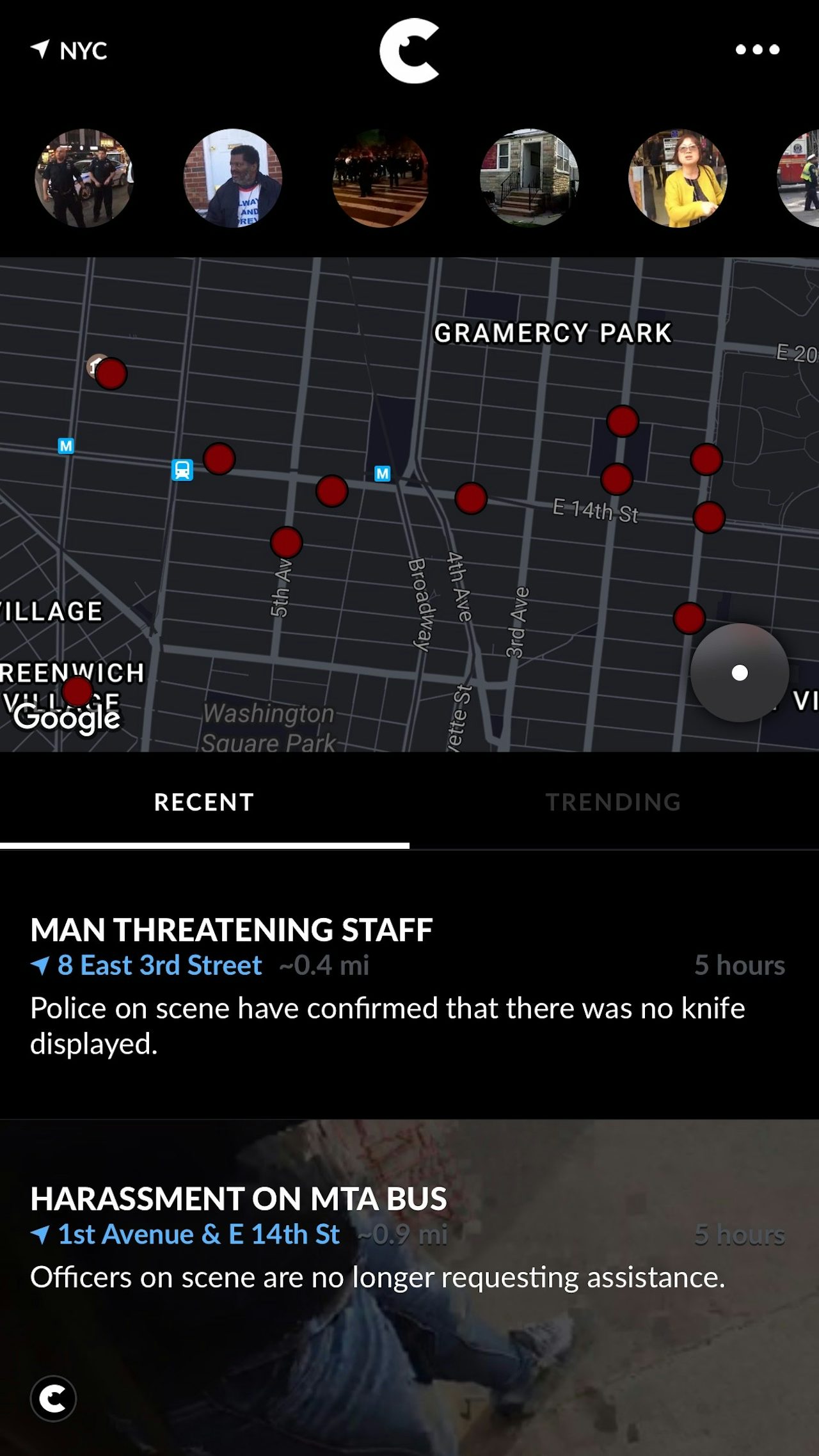 A screencap from the Citizen app. The avatars at the top are linked to 