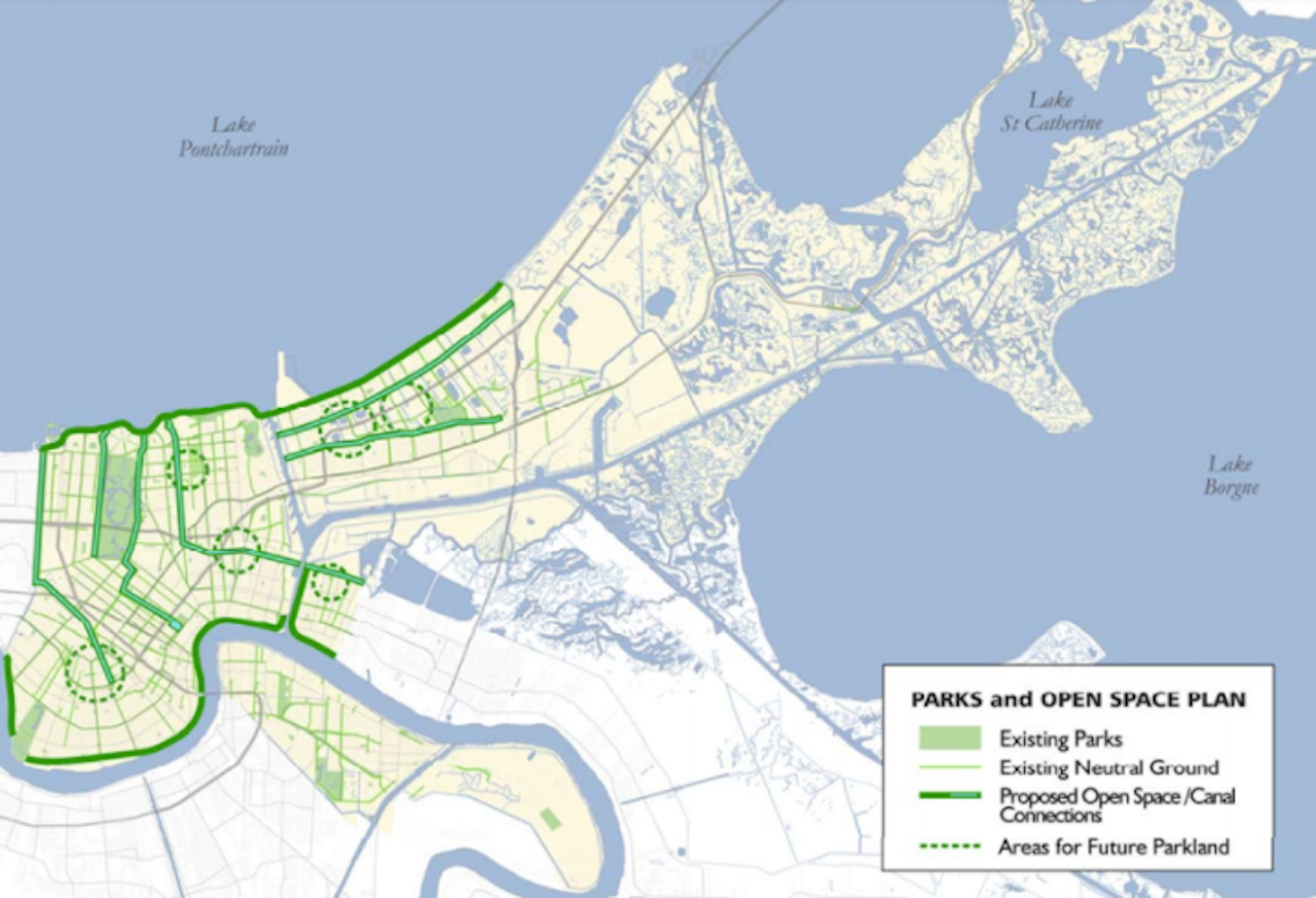 A map published in January 2006, four months after Katrina, proposed turning whole neighborhoods into parkland.
