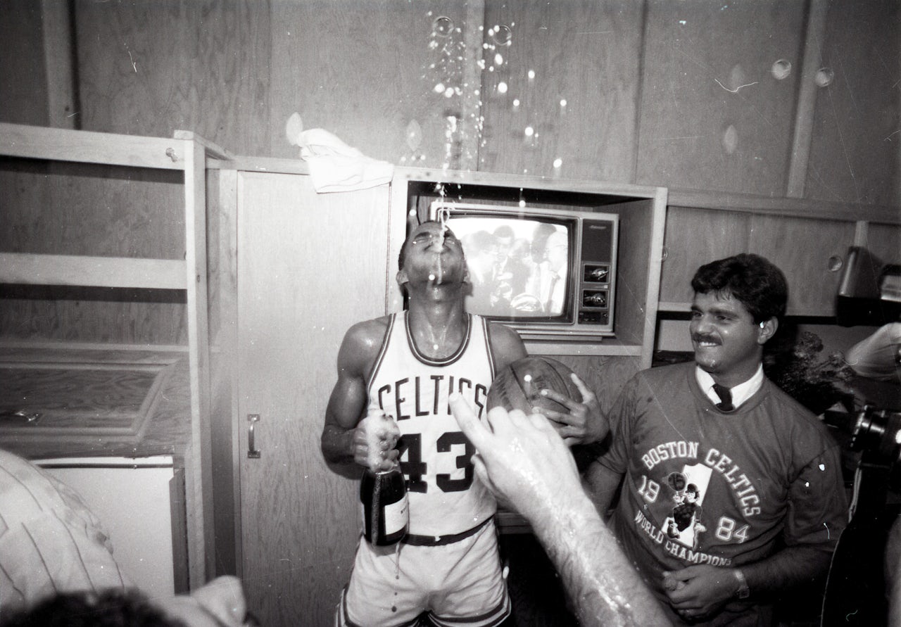 Boston Celtics player Gerald Henderson is thrilled after the team’s 1984 win.