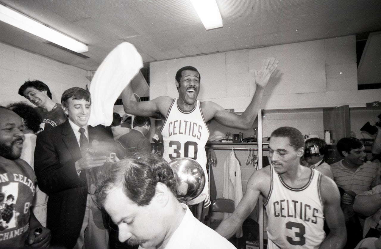M.L. Carr and the Boston Celtics celebrate winning the NBA championship in 1984.