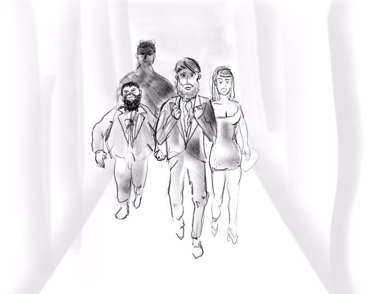 A storyboard sketches out a scene from Rory Scovel’s upcoming Netflix special.