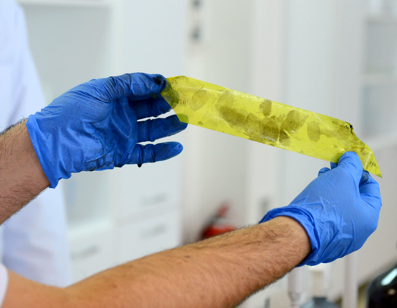 Fingerprinting officers working at a forensic laboratory.