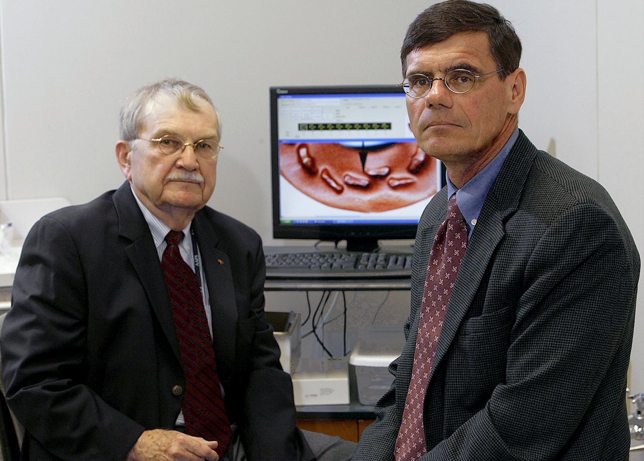 Dr. Lowell Thomas Johnson, a forensic odontologist at Marquette University and law professor Daniel Blinka (right), worked together on the first criminal case in Wisconsin to use bite mark evidence in Milwaukee, Wisconsin, June 11, 2008. Johnson’s testimony led to a murder conviction that was later overturned with DNA evidence.