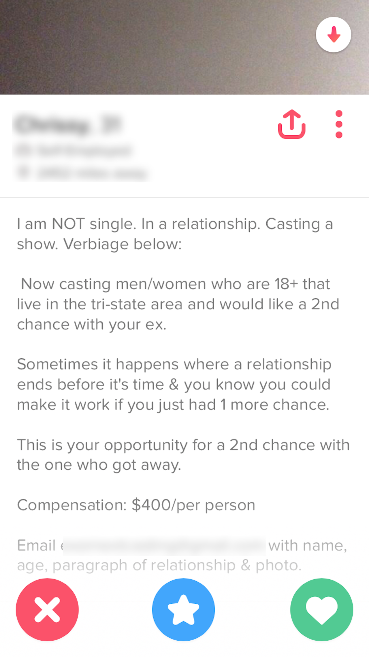 A Tinder user hoping to recruit people for a casting call.