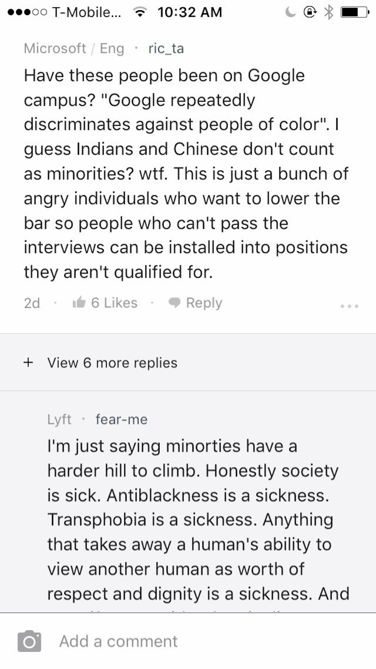 A screenshot from the discussion around Google‘s diversity program on Blind.