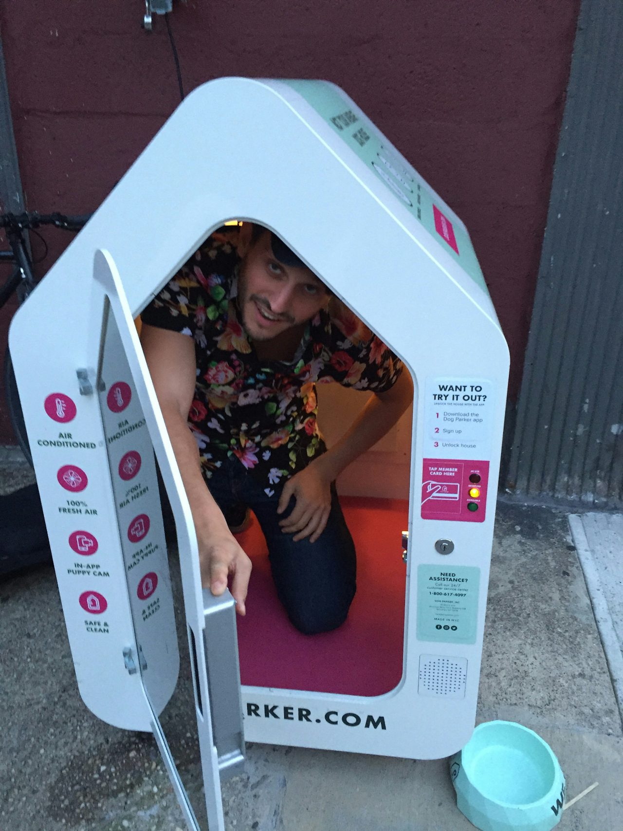 The author overcoming his claustrophobia to try out the Dog Parker.