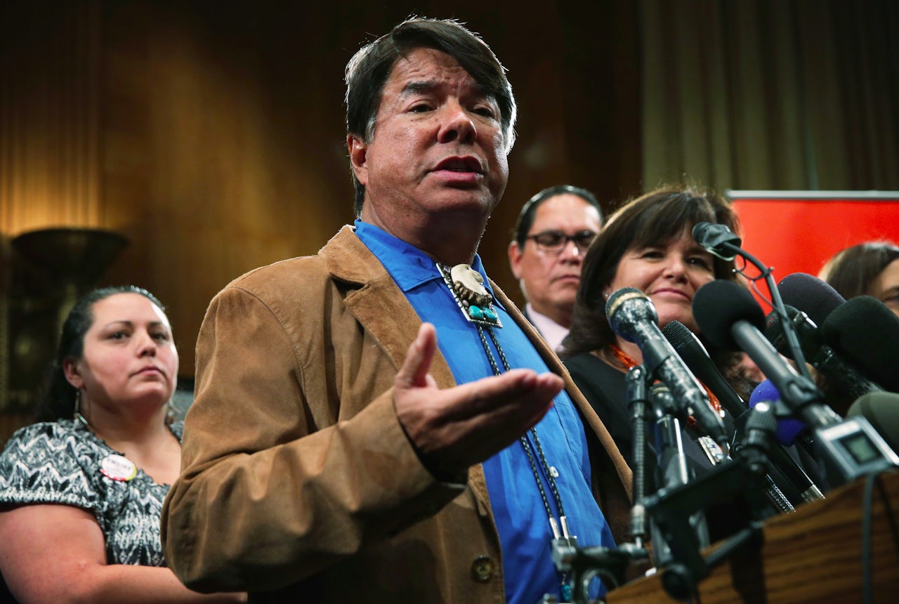 ICTMN publisher Ray Halbritter at a 2014 Change the Mascot press conference. He announced the platform's hiatus on Monday.