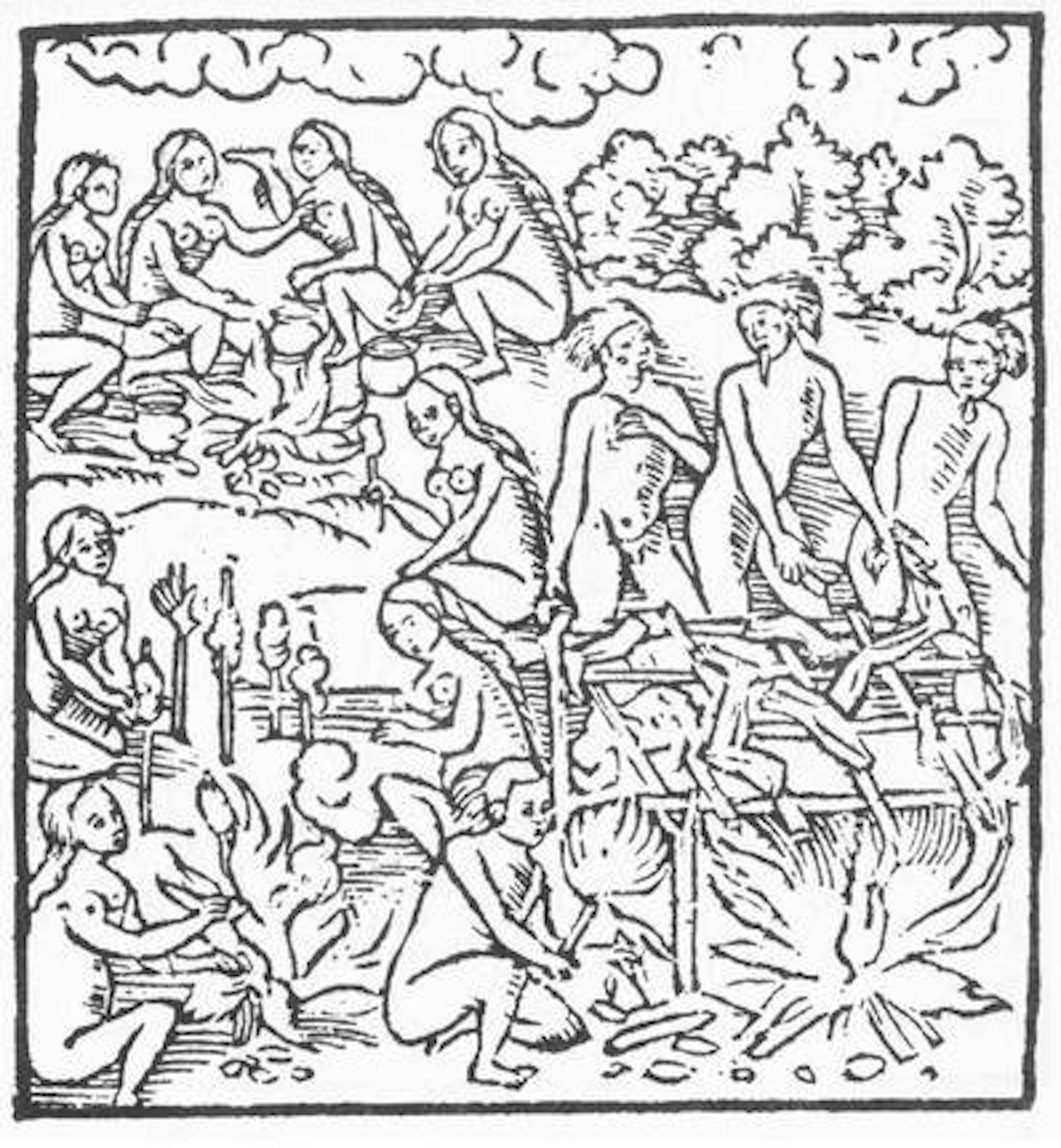 “Baking the Pieces of the Prisoner's Body.” Original woodcut, 1557.