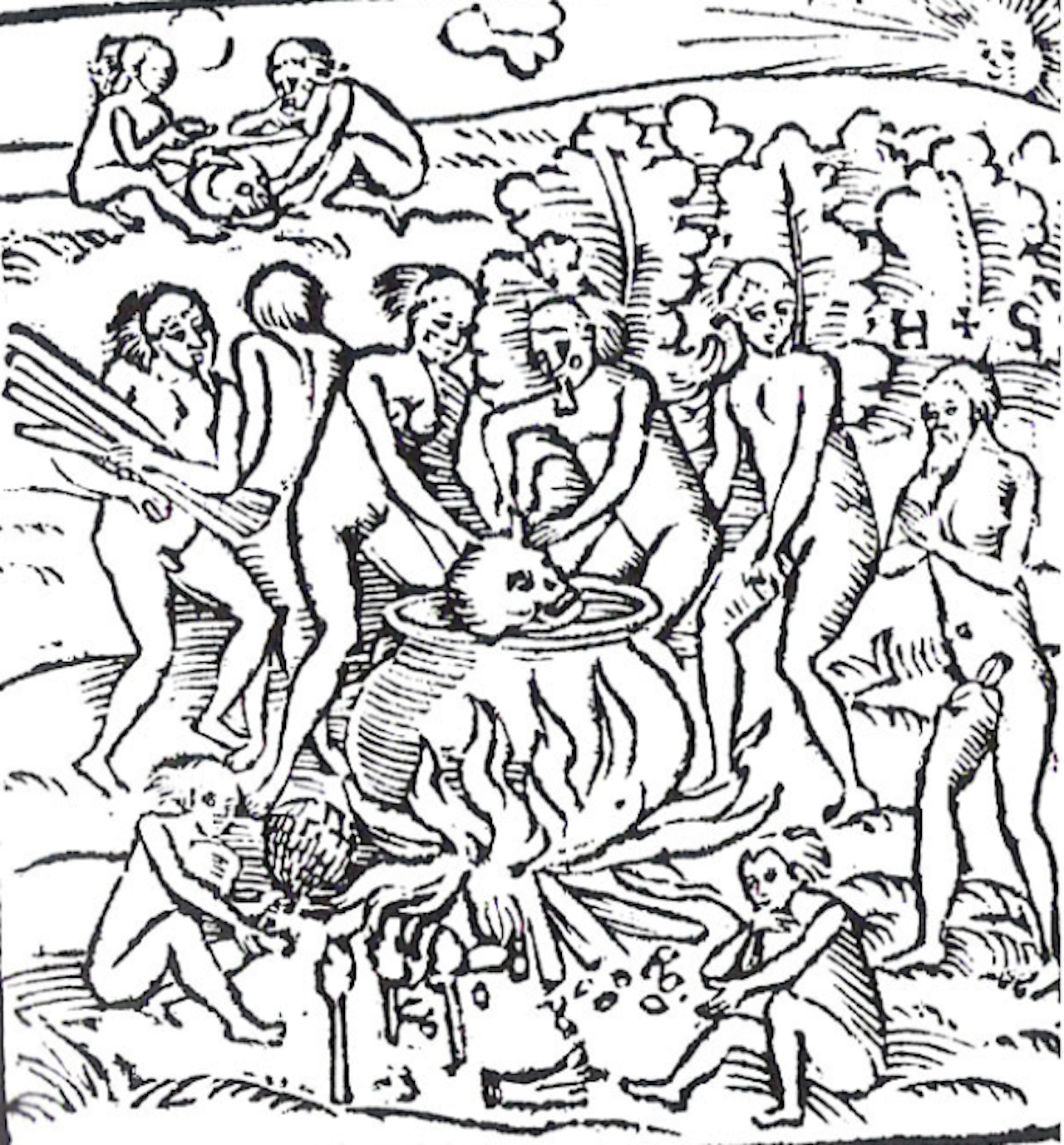 Woodcut of the Tupinambá during a cannibalistic feast by Hans Staden. Staden is the bearded man on the far right.