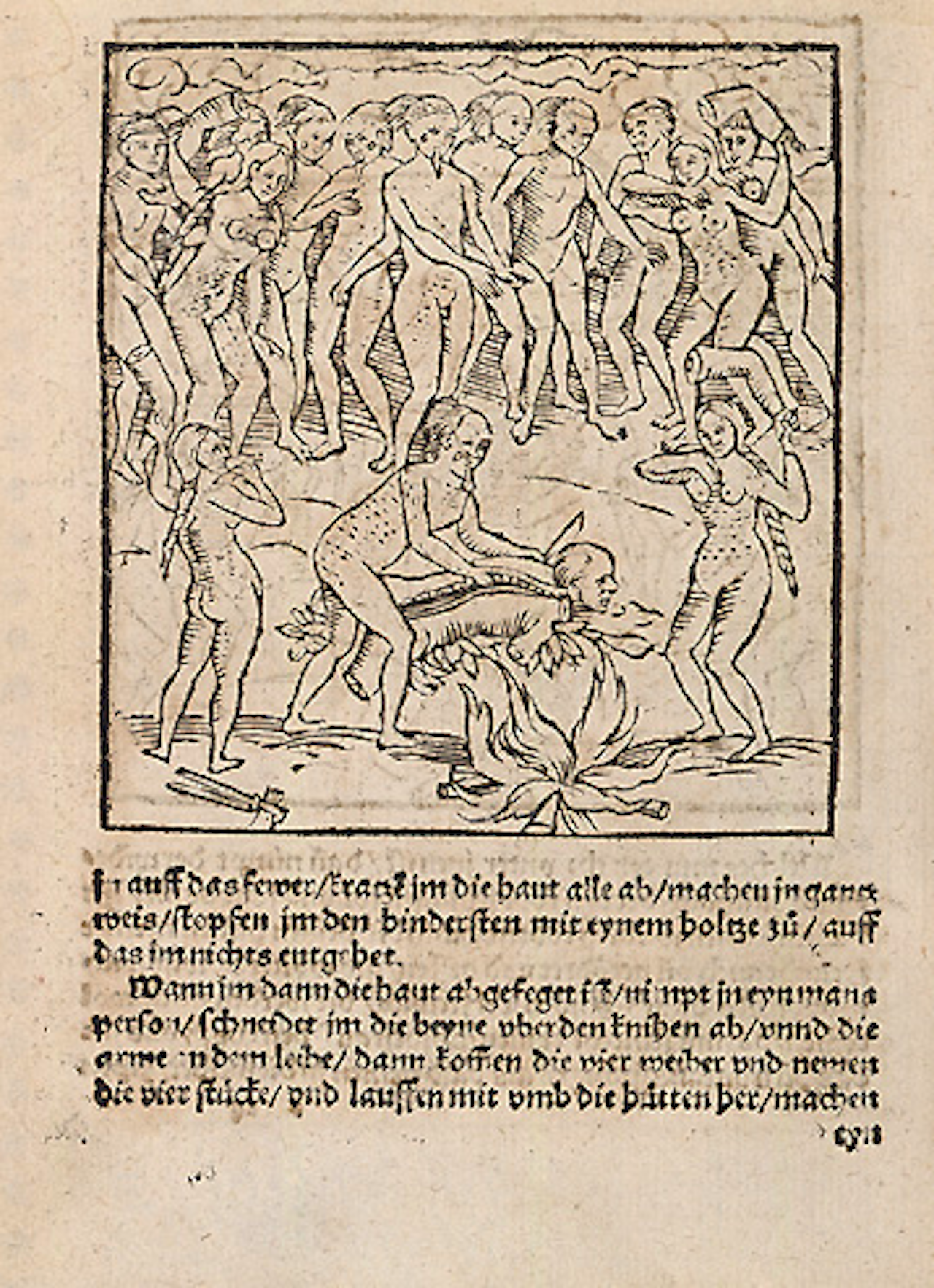 Illustration of cannibalism as described by Staden, circa mid-16th century.