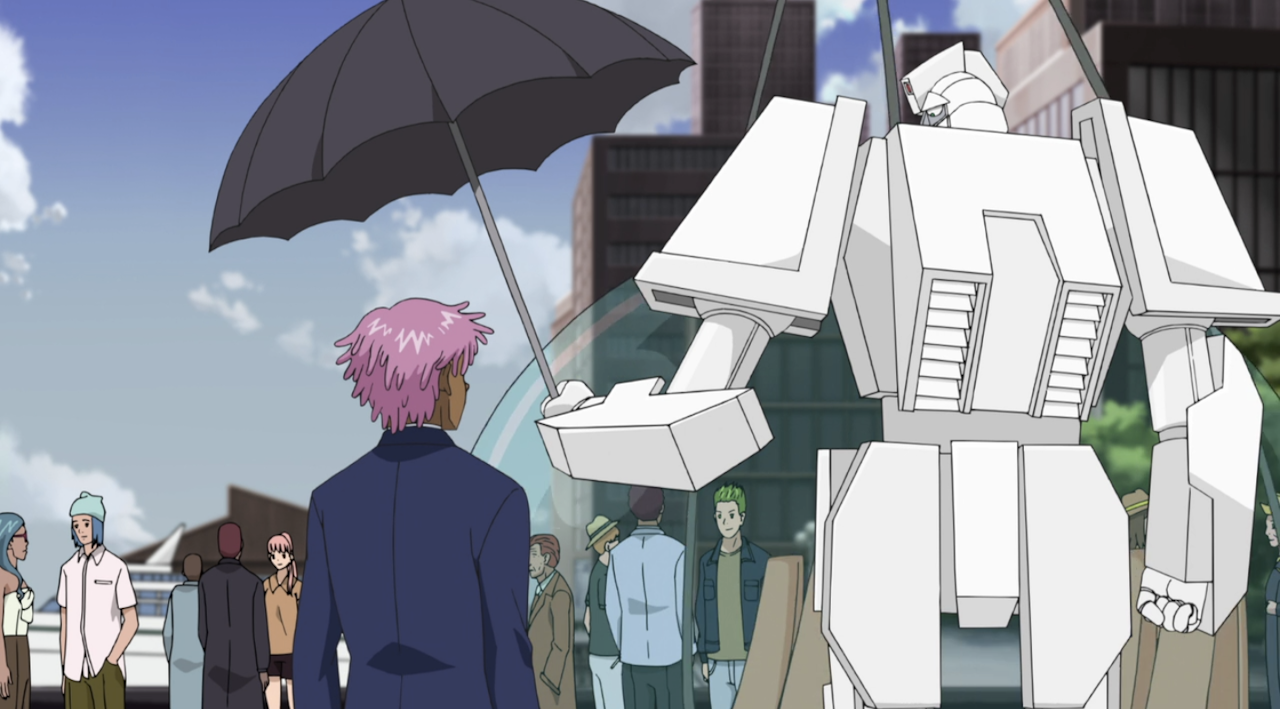 Neo Yokio’s Kaz Kaan (as voiced by Jaden Smith) waiting to board the gondola system along with his robot butler, Charles.