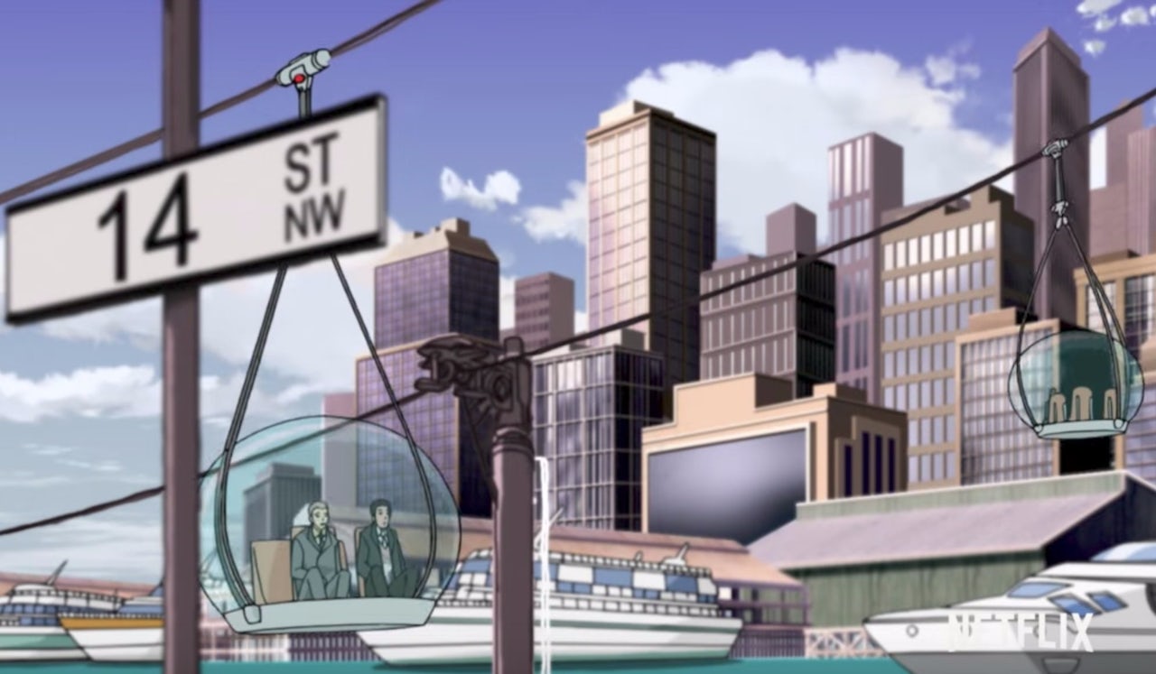 The urban gondolas in Neo Yokio.