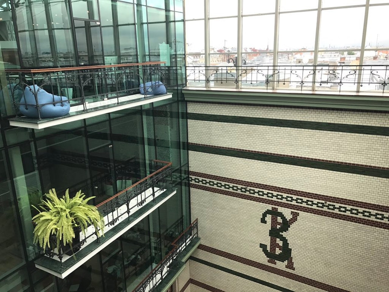 The atrium at Singer House, with VK’s office on the left.