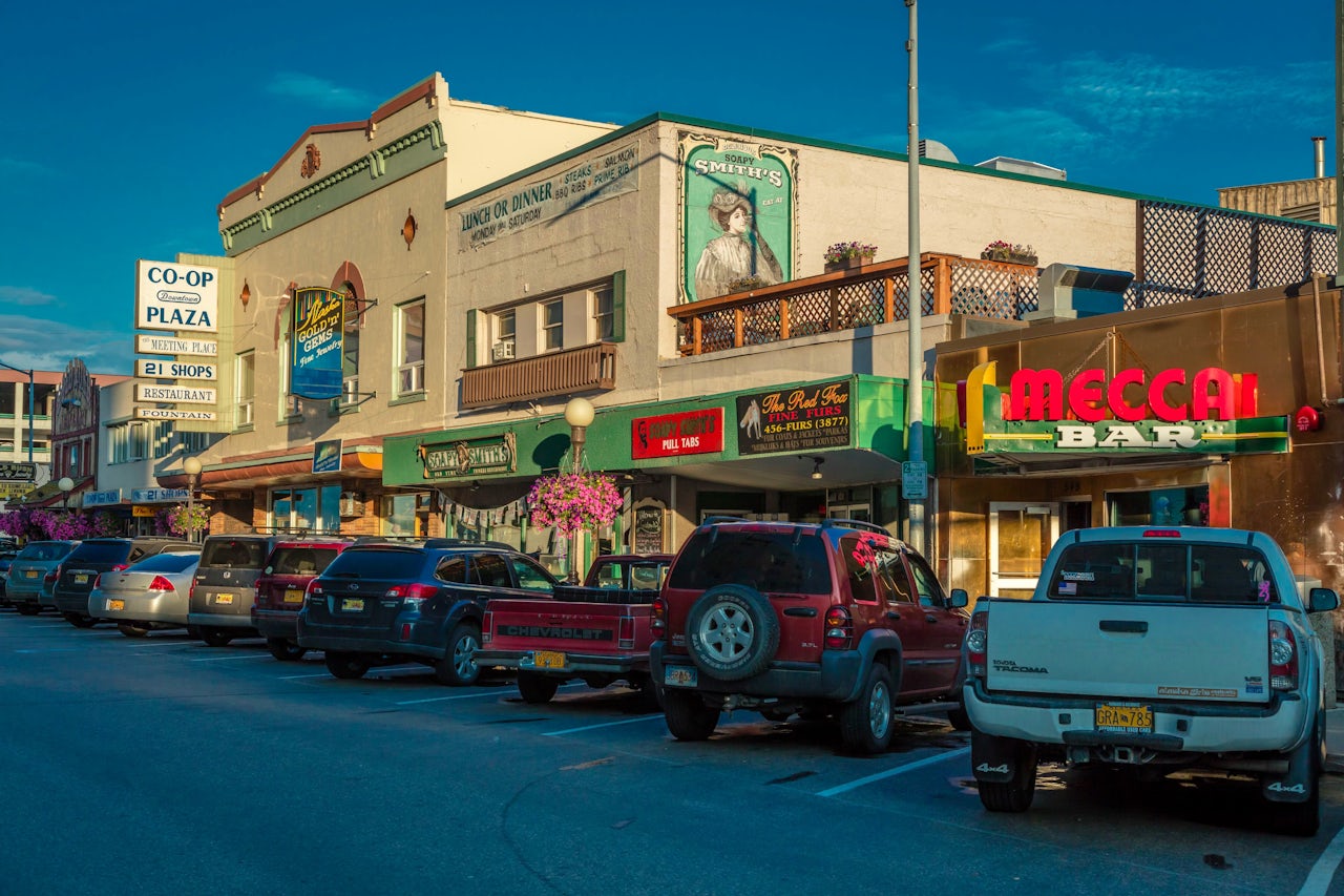 Restaurants and other business line a downtown Fairbanks, Alaska street.