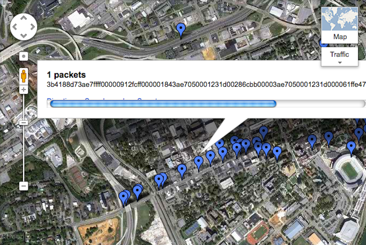 A typical map produced after detecting Wi-Fi networks through wardriving.