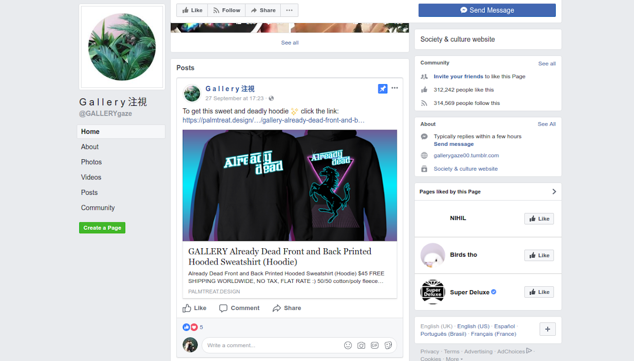 G a l l e r y 注視 posts memes, but also links to web stores that sell vaporwave-themed merchandise.