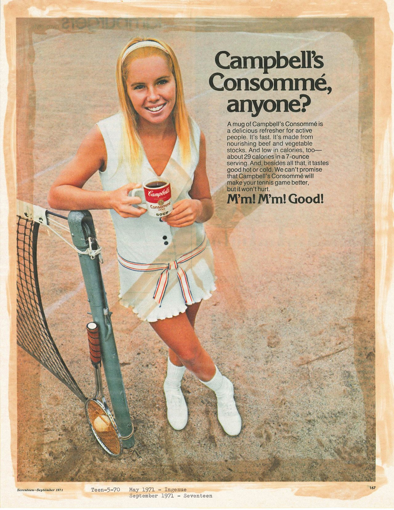This 1971 Campbell's ad recommends sipping cold consommé, but does not tell us whether that qualifies as sipping a food or a drink.