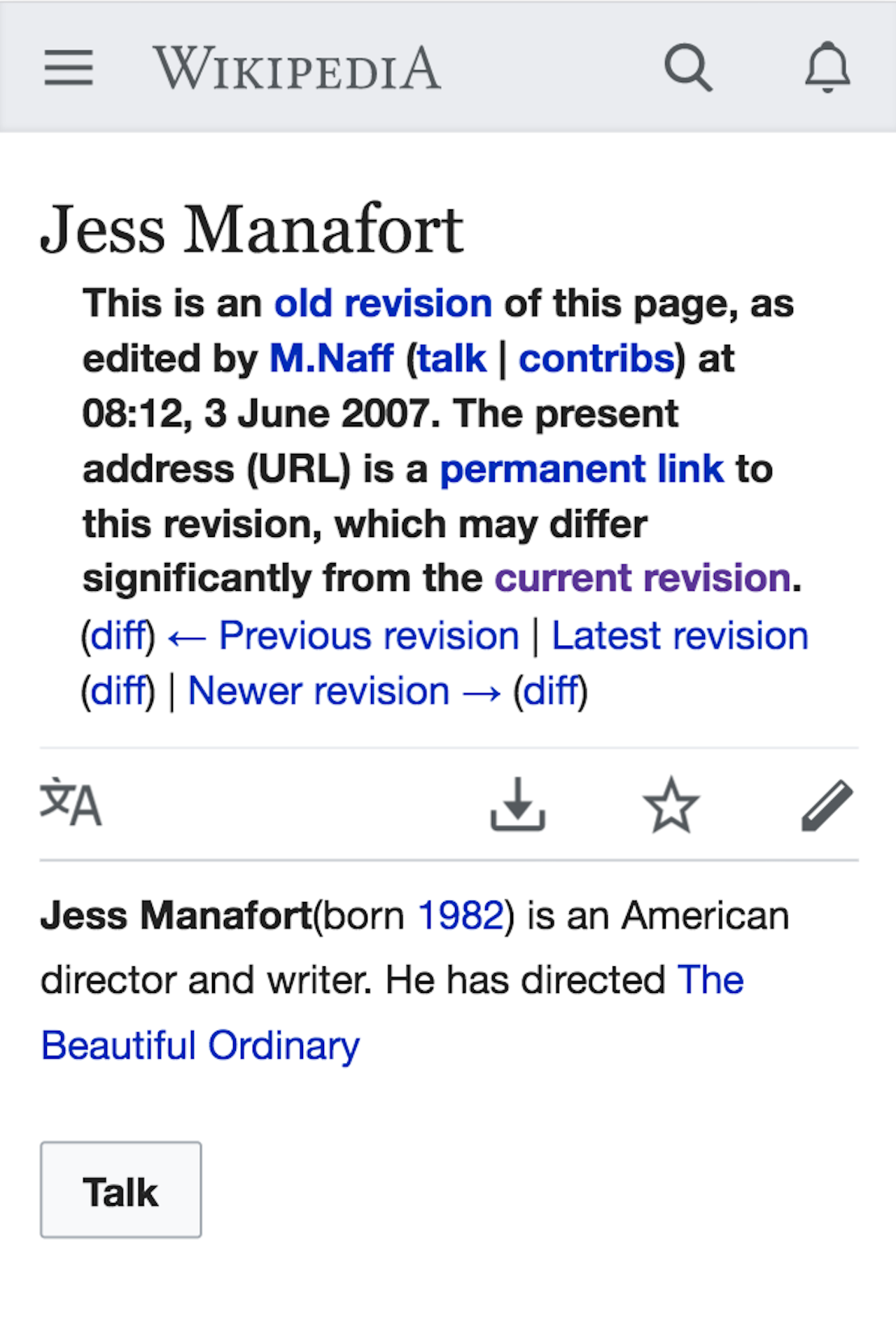 The original version of Jess Manafort’s Wikipedia entry, created in 2007.