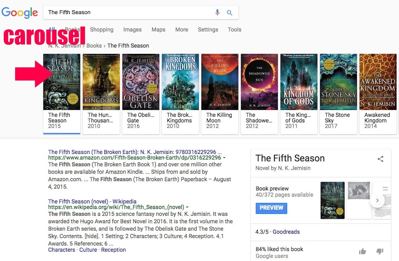 The carousel of sci-fi books by N.K. Jemisin and related titles that pops up at the top of Google search results for her book, “The Fifth Season” on January 12, 2018.