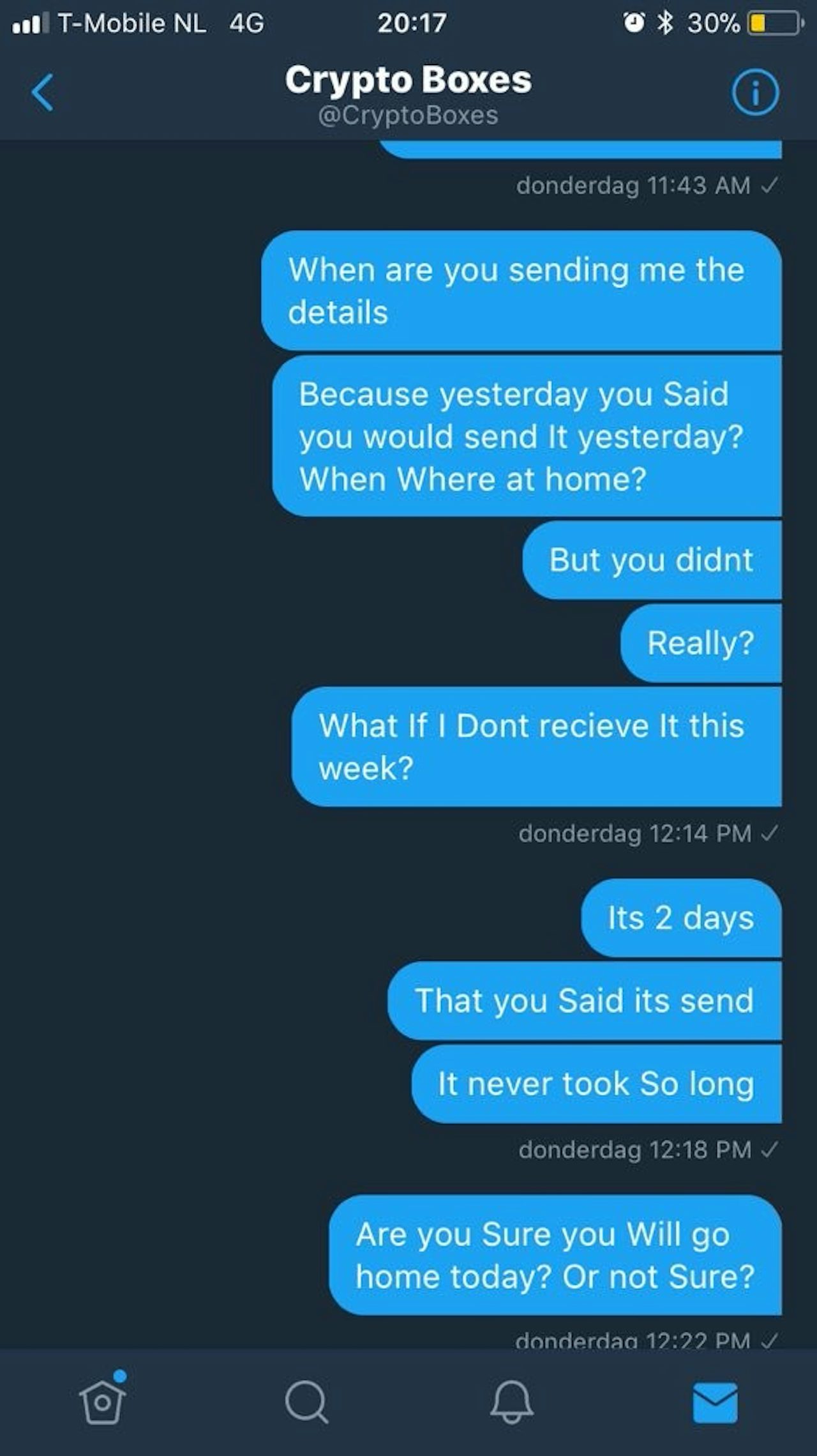 Pravin, a user in Holland, messaging Rich Hall after the latter failed to pay him.