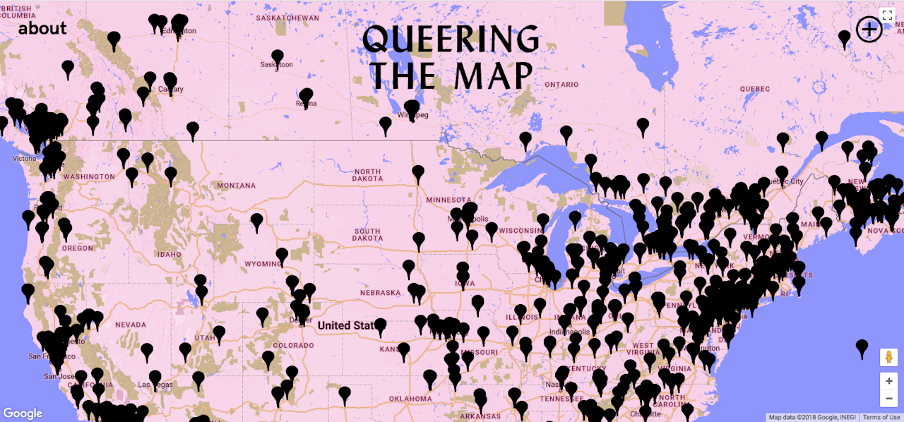 A view of parts of the US and Canada on Queering the Map.