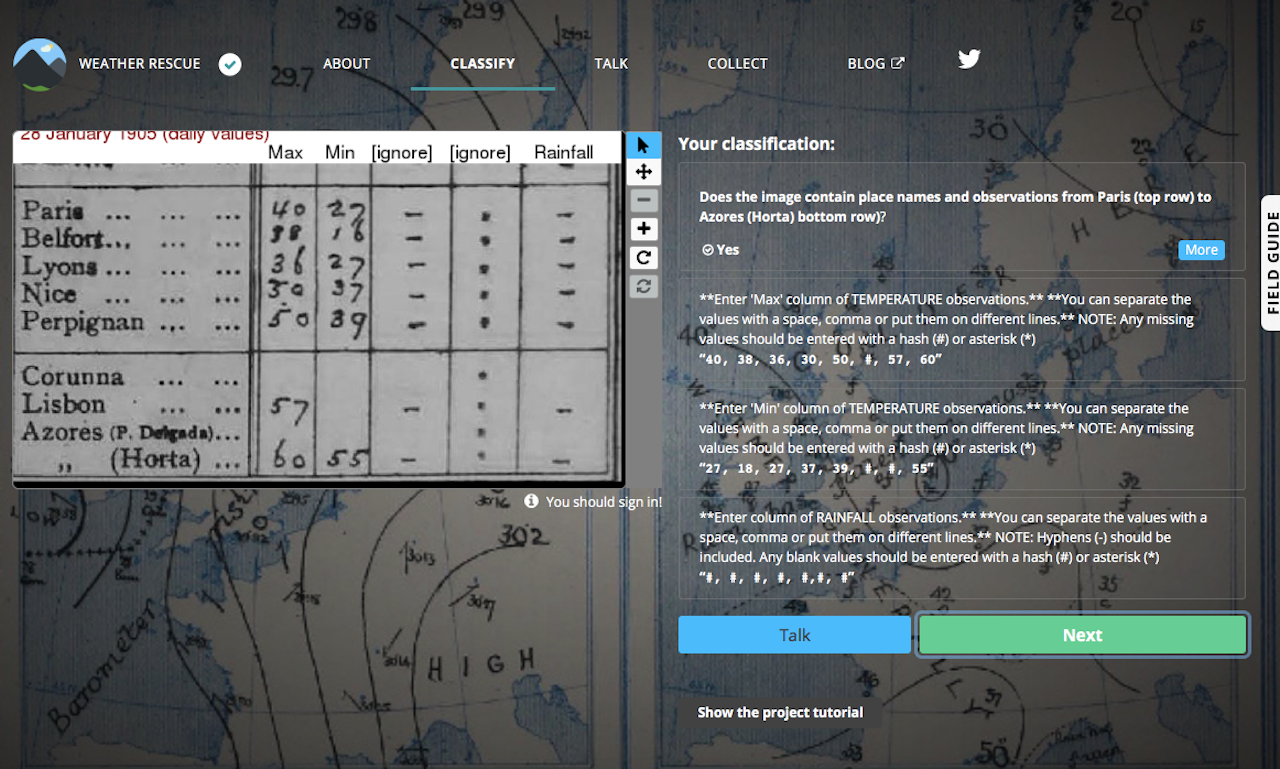 A screenshot of weatherrescue.org as it walks through the steps of interpreting and digitizing weather data.