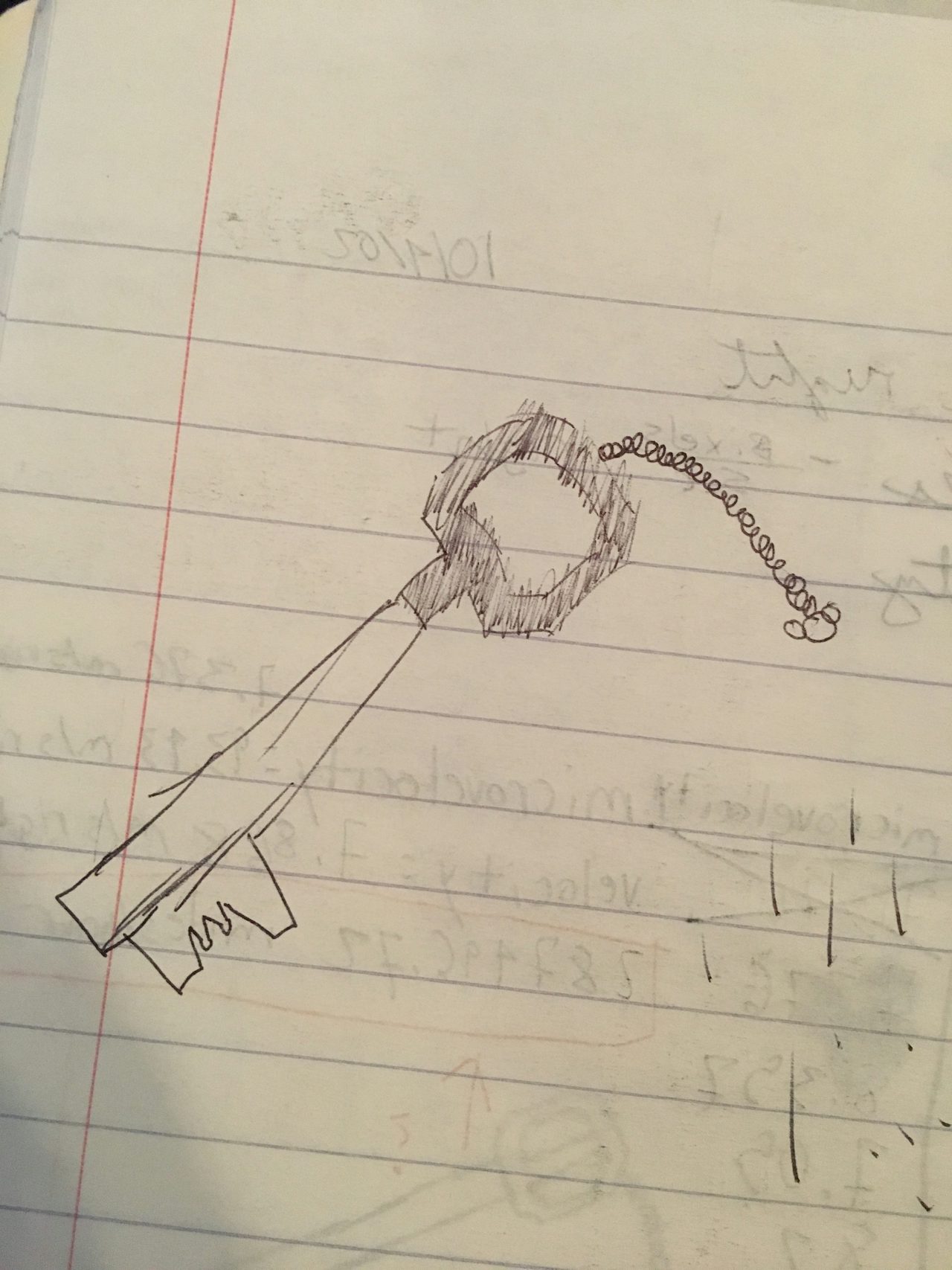 Ink drawing of keyblade in math notebook.
