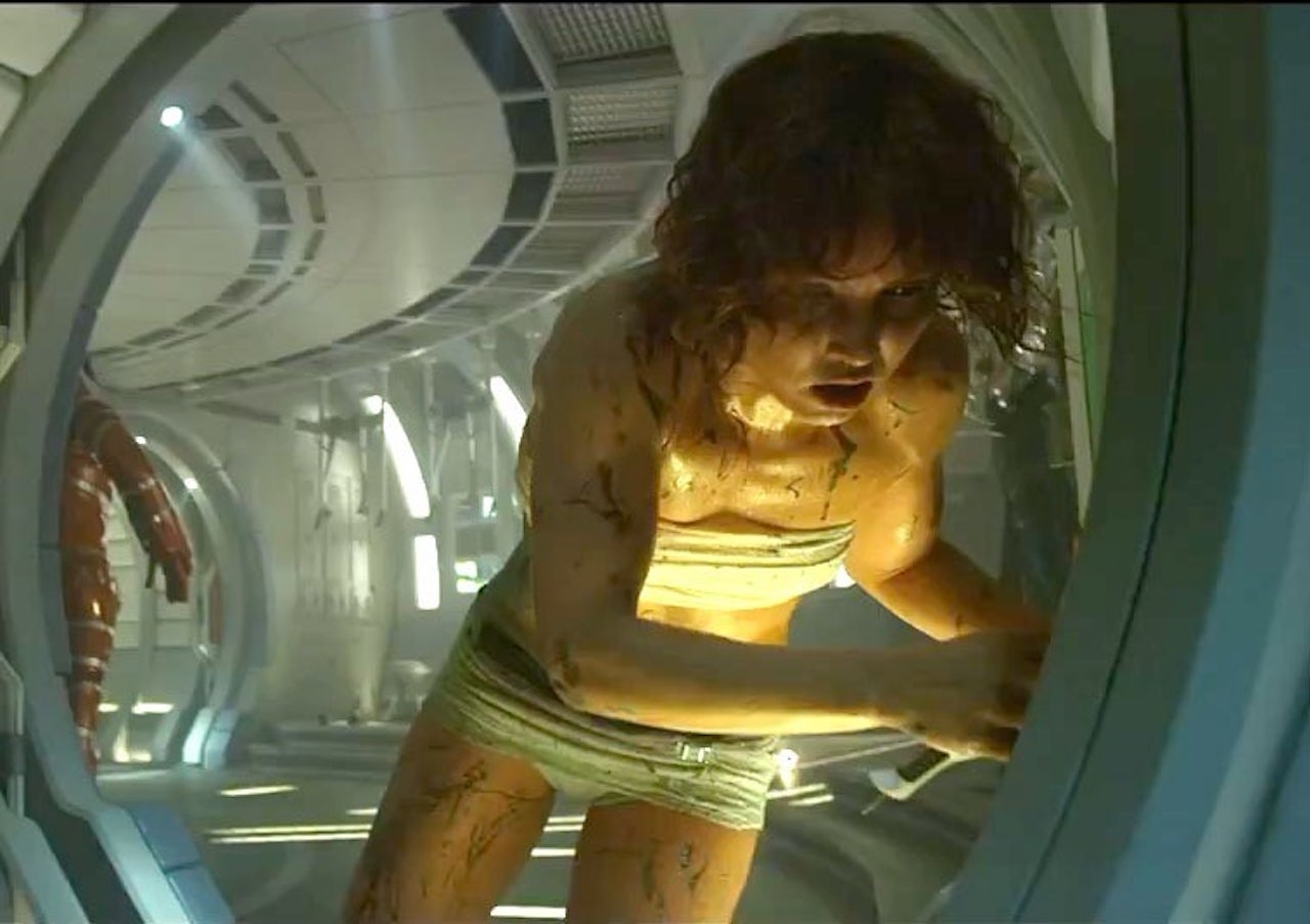 In Prometheus, Elizabeth Shaw stumbles away after giving birth to an alien monster.