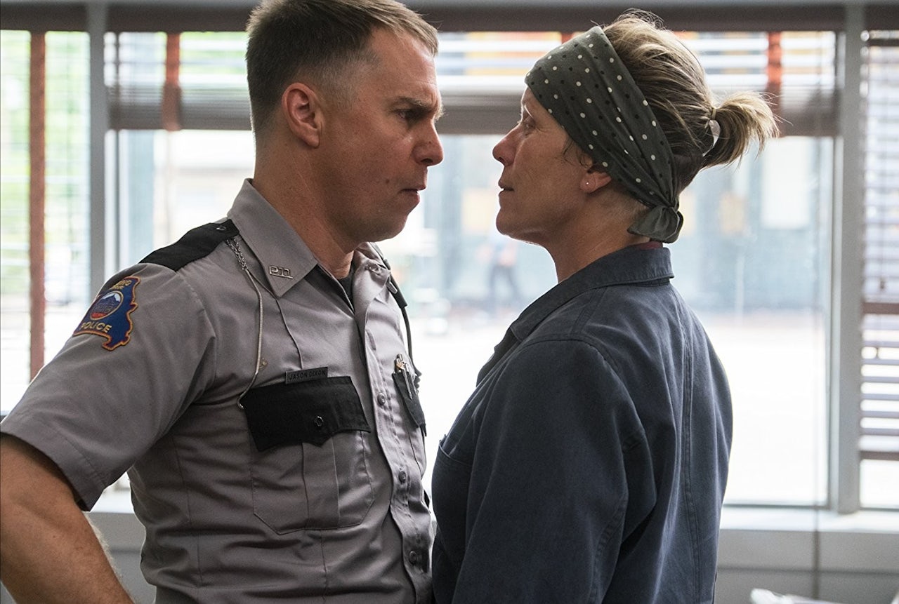 Sam Rockwell and Frances McDormand face off in Three Billboards Outside Ebbing, Missouri.