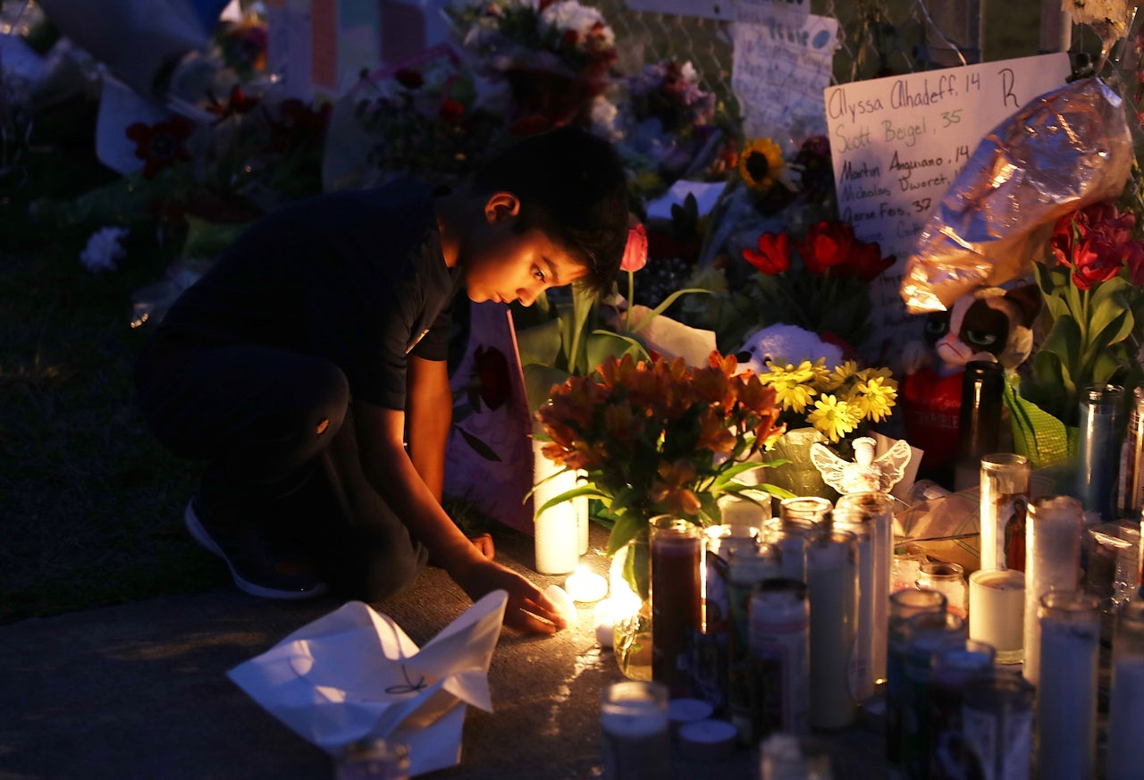 A memorial outside of Marjory Stoneman Douglas High School, where a shooter killed 17 students and teachers on Valentine's Day.