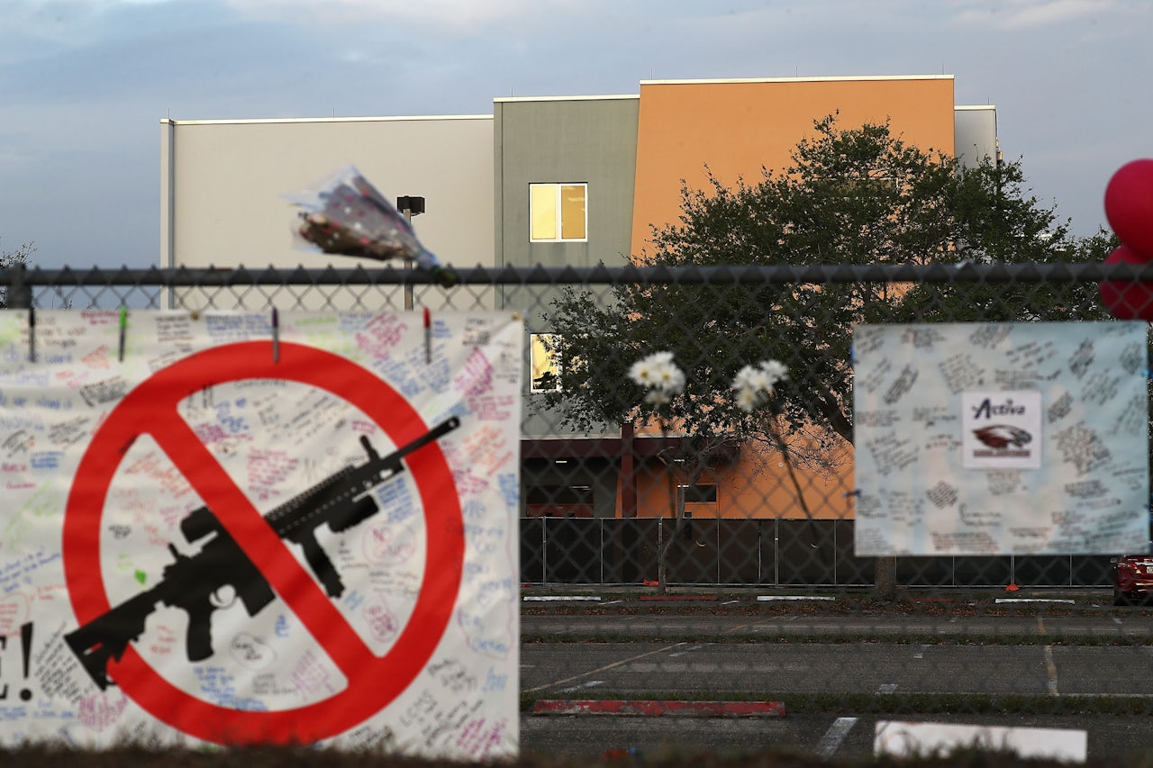A sign outside the freshman building at Marjory Stoneman Douglas High School, where the shooting took place. The building is set to be demolished.