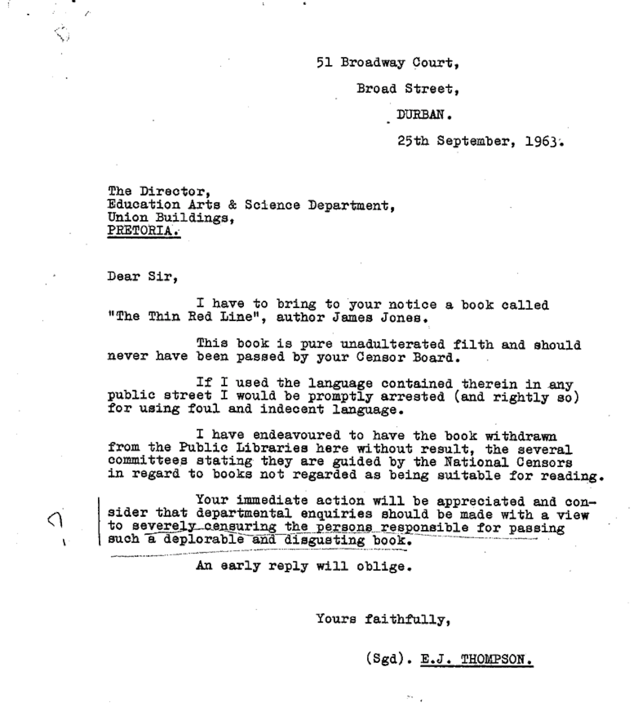 A 1963 letter demanding that The Thin Red Line be banned.