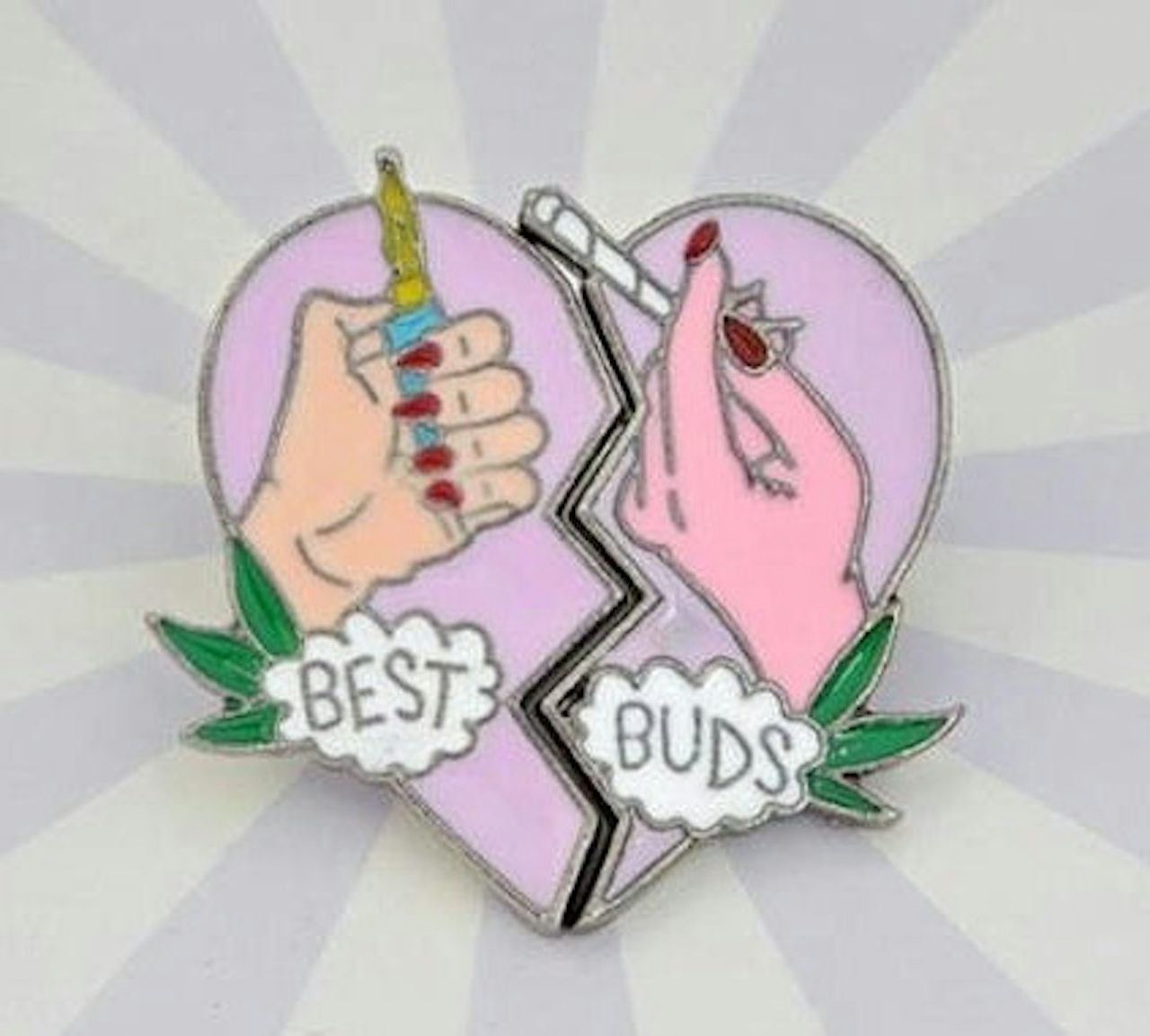 A photo used on several listings for unauthorized Best Buds pins on Etsy and eBay.
